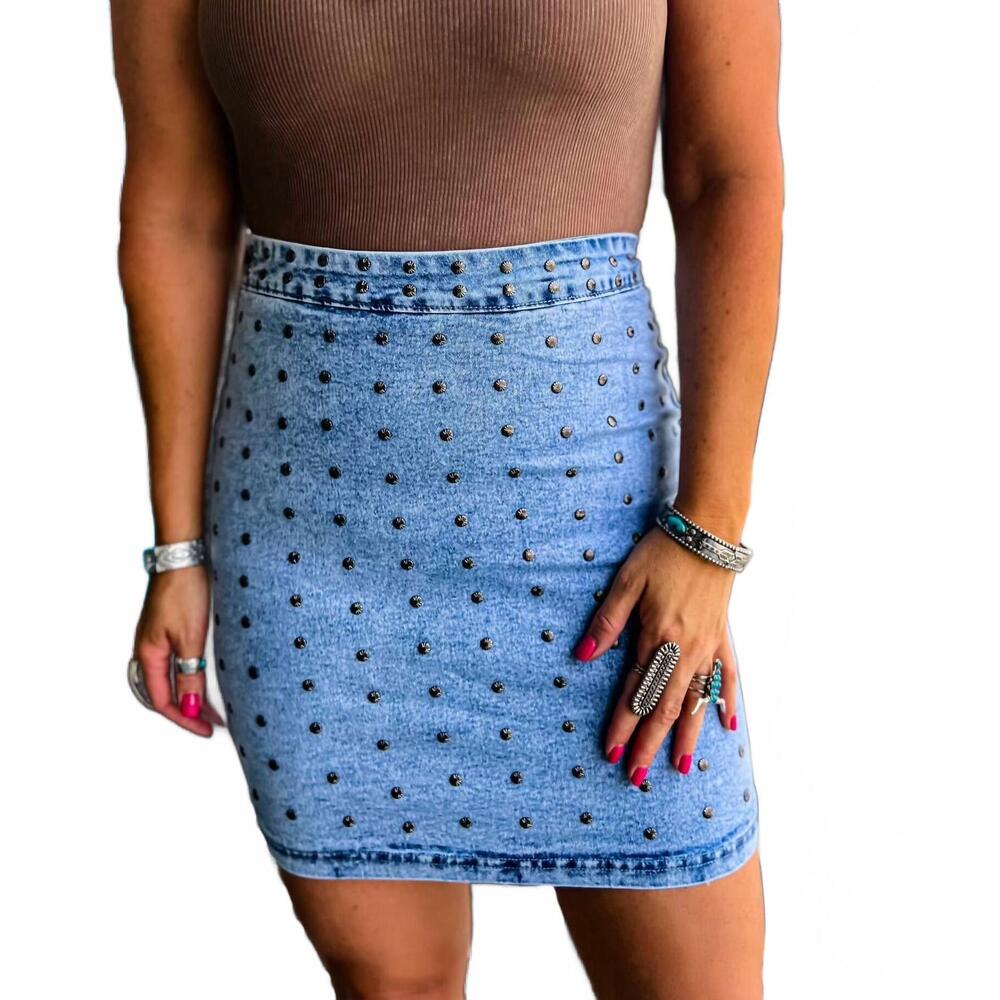 NEW 2FLYCO concho studded dreamz denim skirt in blue
